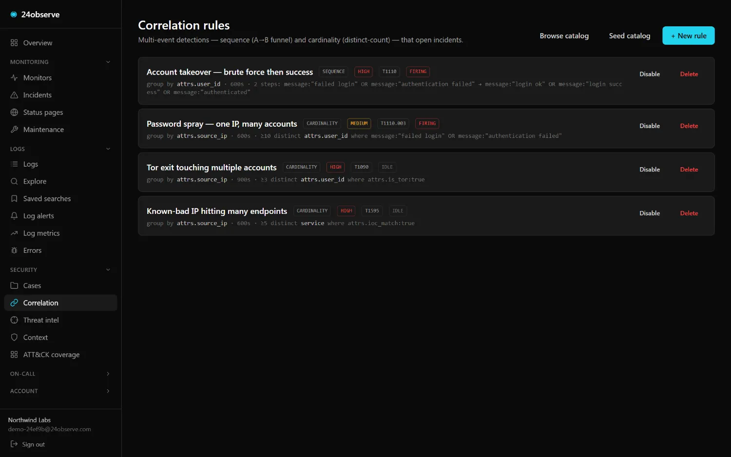 24observe dashboard — Correlation rules