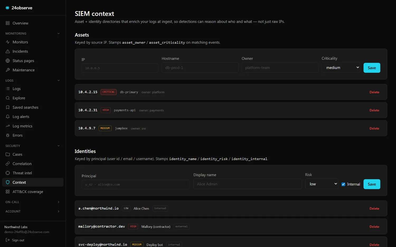 24observe dashboard — Identity + asset context